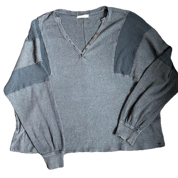 Free People We the Free Callisto Oversized Henley Waffle Top Washed Black Sz M - Picture 2 of 14